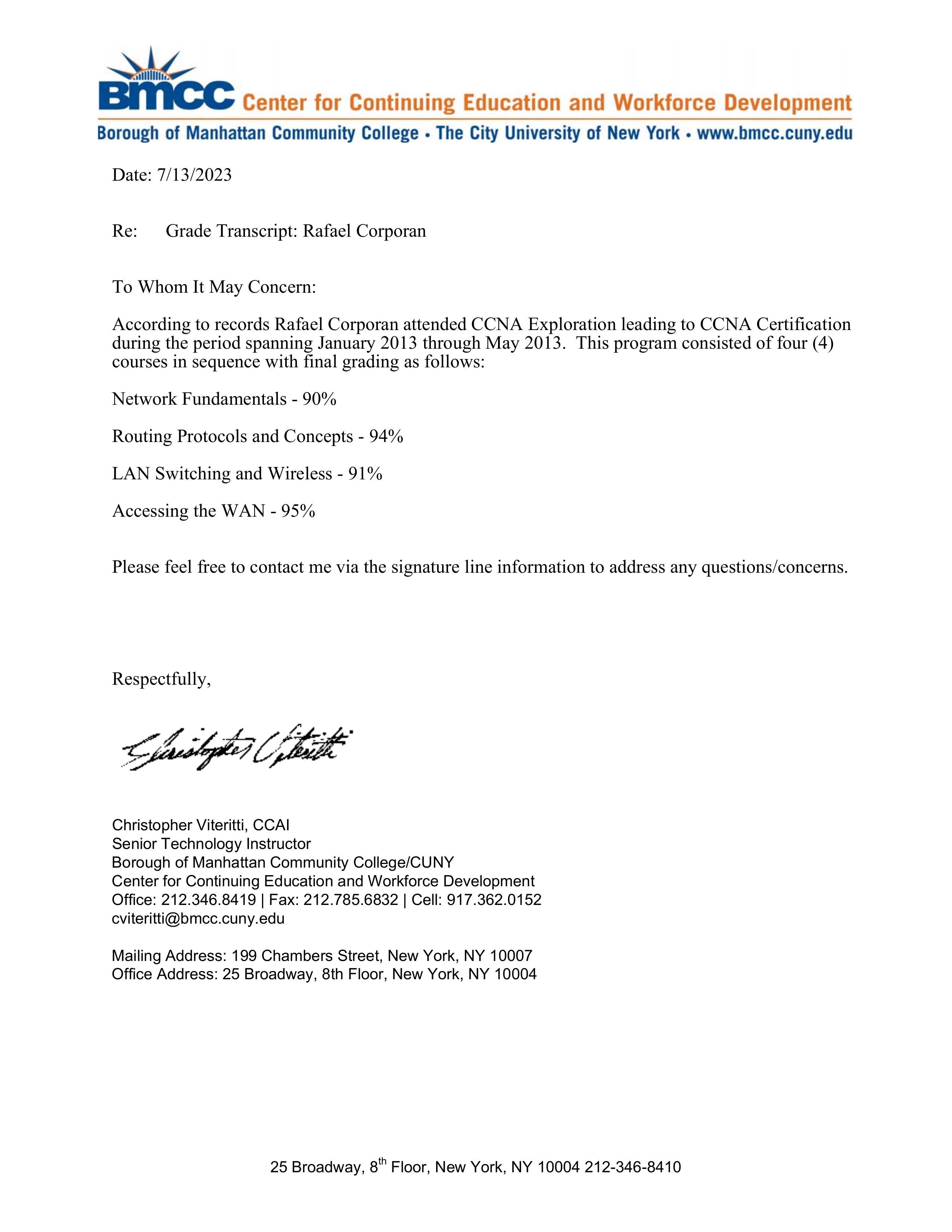 BMCC Grade Transcript